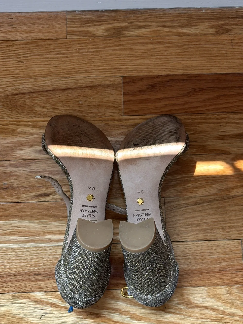 Stuart Weitzman Gold Glitter Strappy Block Heel Sandals